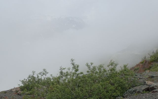 Where's the giant glacier?  It's hiding there in the clouds.  We knew when we set out this morning that there was a good chance we wouldn't get to see much at the top with the clouds hanging low over the mountains.