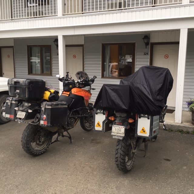 The bikes are ready and waiting in the damp morning to start heading south and east toward home.