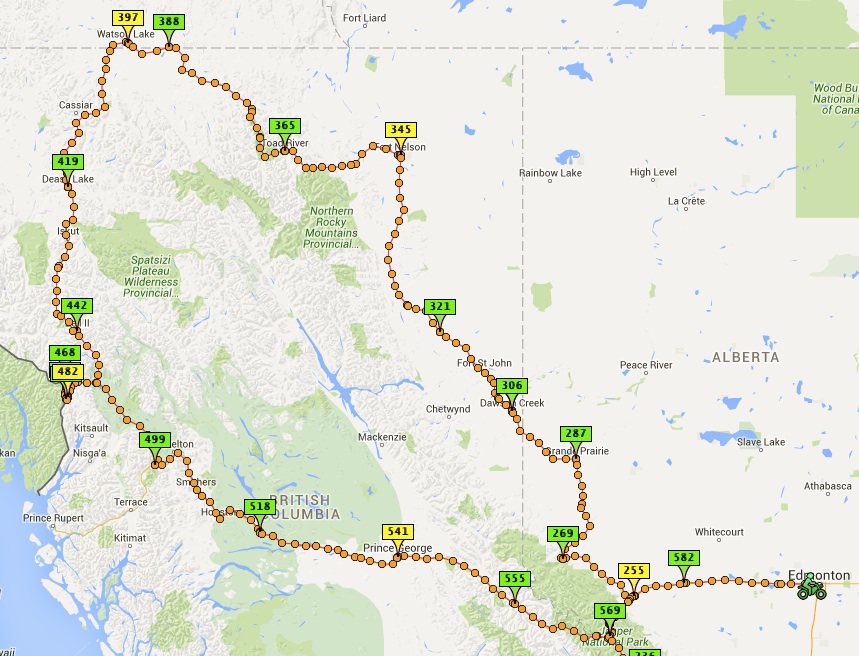 The Spotwalla satellite track of our loop through northwest Canada and southern Alaska.