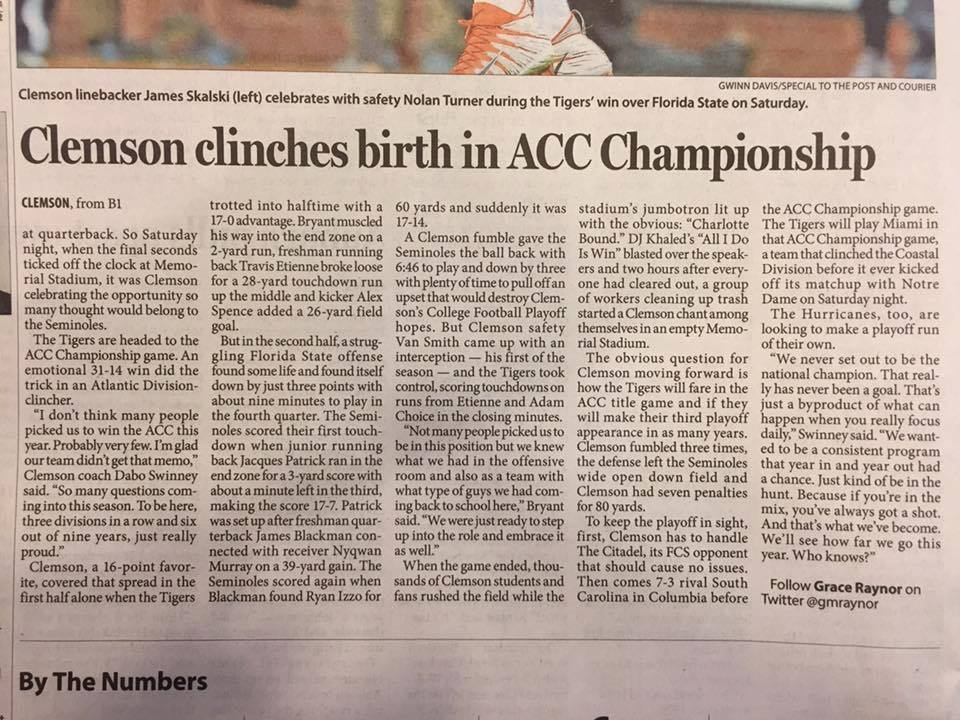 Clemson clinches birth in ACC Championship