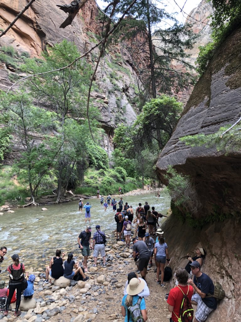 People in the water at the start of the Narrows