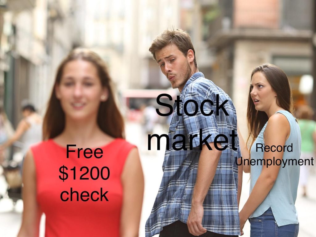 Distracted Boyfriend, left-to-right - Free $1200 check; Stock market; Record unemployment