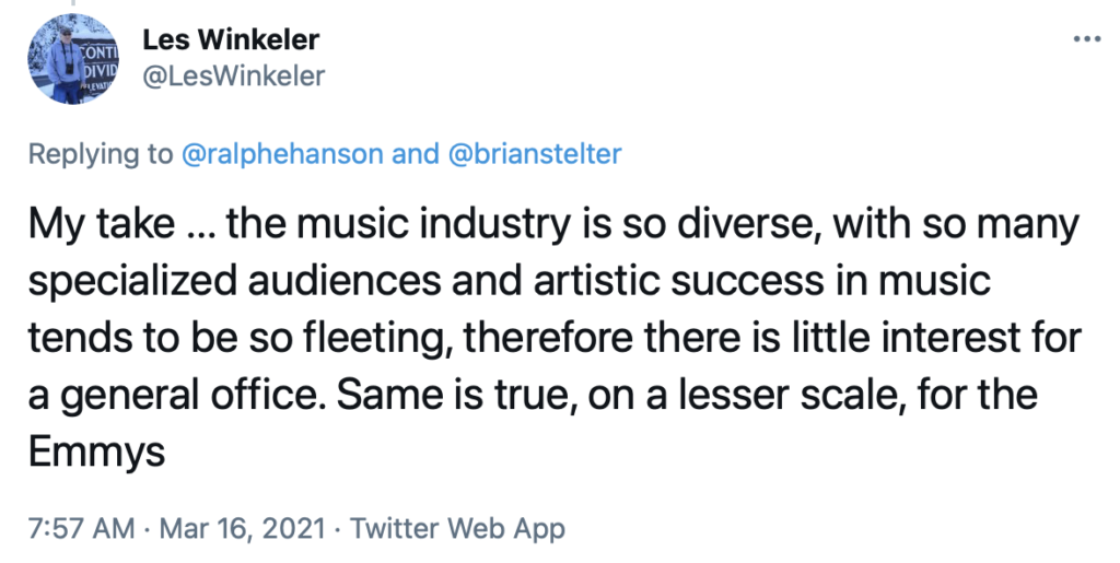 @LesWinkeler My take ... the music industry is so diverse, with so many specialized audiences and artistic success in music tends to be so fleeting, therefore there is little interest for a general office. Same is true, on a lesser scale, for the Emmys
