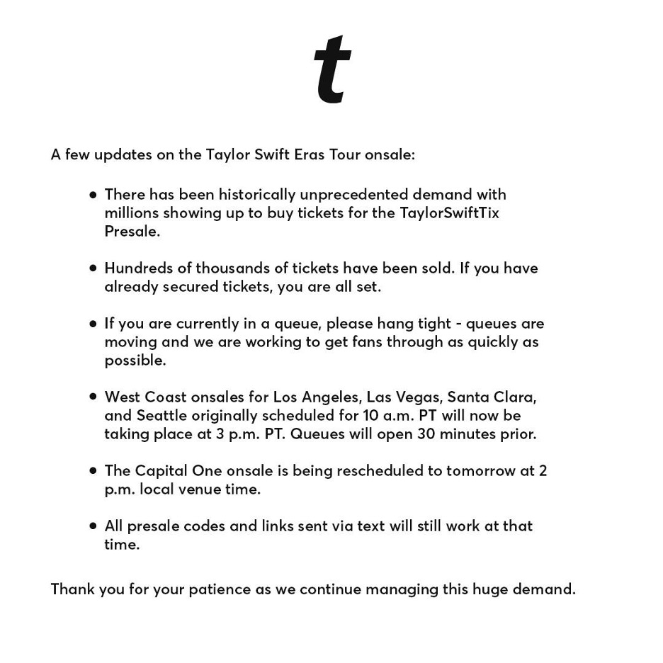 Response from Ticketmaster to users. Lots of demand, lots of tickets sold, keep waiting in the queue, a few more details.
