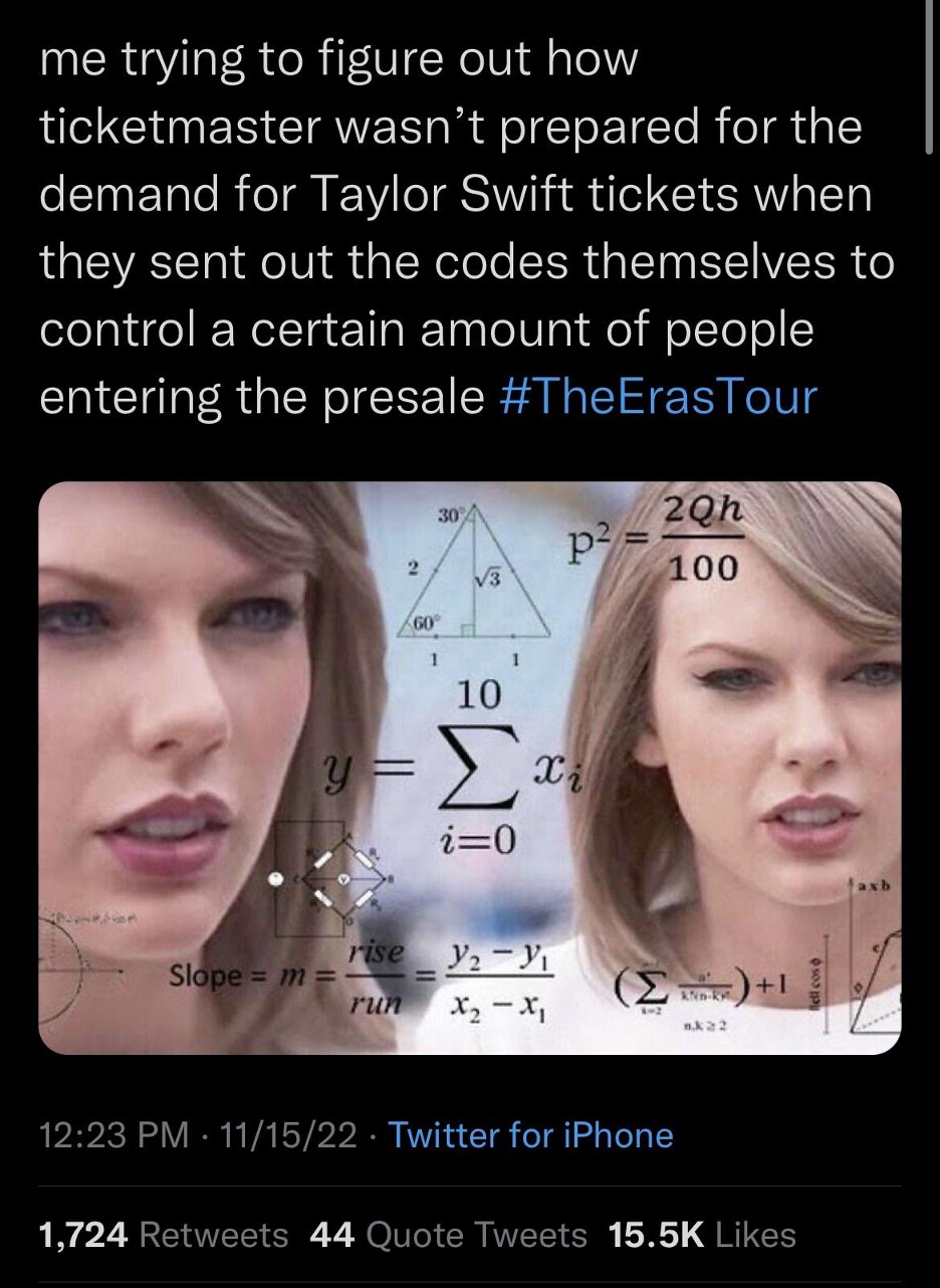 Tweet - me trying to figure out how ticketmaster wasn't prepared for the demand for Taylor Swift tickets when they sent out the codes themselves to control a certain amount of people entering the presale #TheErasTour
