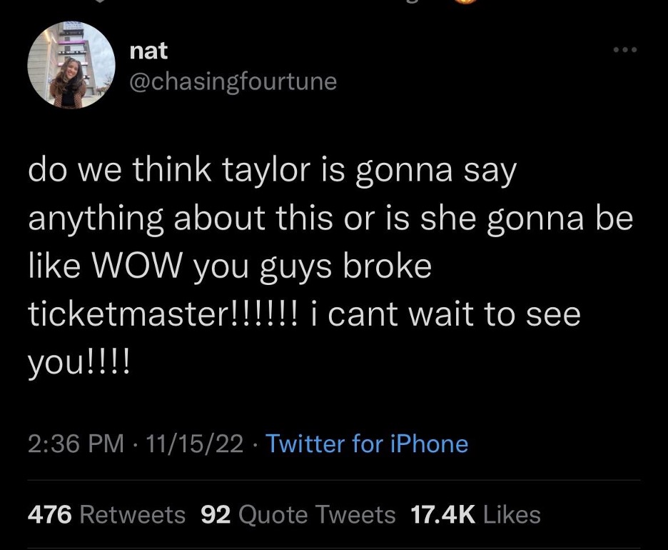 Tweet - do we think taylor is gonna say anything about this or she gonna be like WOW you guys broke ticketmaster!!!! i cant wait to see you!!!!