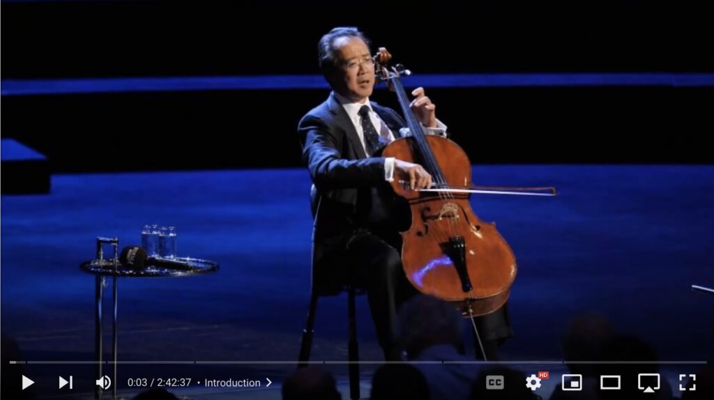 Image of Yo-Yo Ma playing the Bach cello suites with link to YouTube video