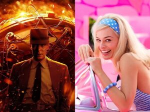 Images of Oppenheimer and Barbie movies
