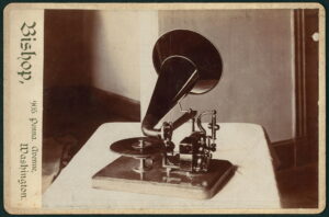 Motorized gramophone  Mounted on card.-  Originally housed in Joseph Sanders Collection Box 5. From Library of Congress