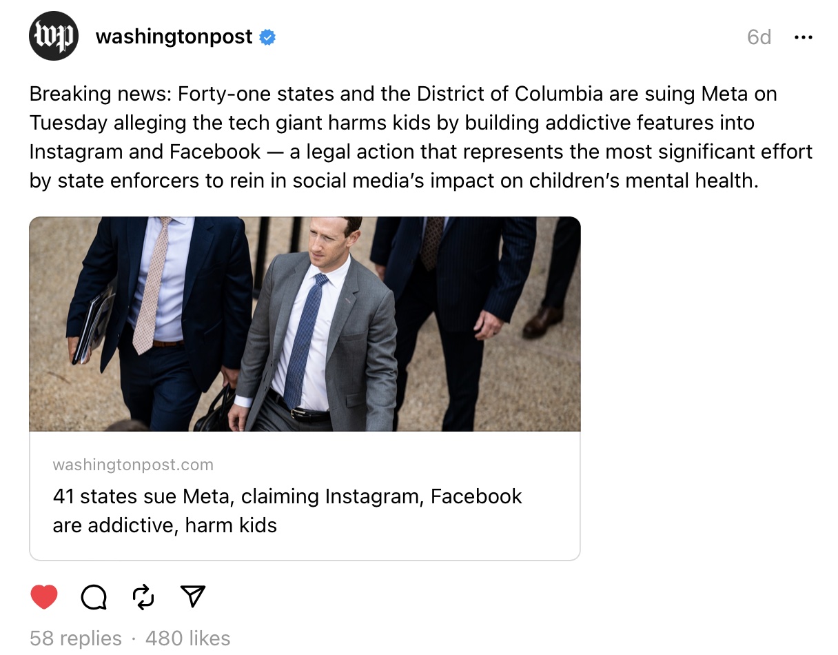 Breaking news: Forty-one states and the District of Columbia are suing Meta on Tuesday alleging the tech giant harms kids by building addictive features into Instagram and Facebook — a legal action that represents the most significant effort by state enforcers to rein in social media’s impact on children’s mental health.