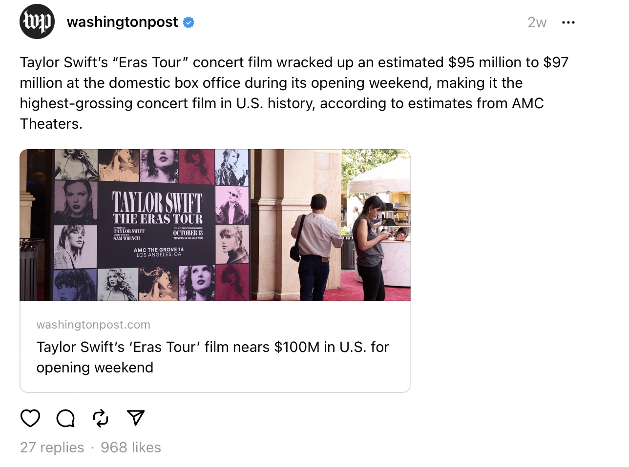 million at the domestic box office during its opening weekend, making it the highest-grossing concert film in U.S. history, according to estimates from AMC Theaters.
